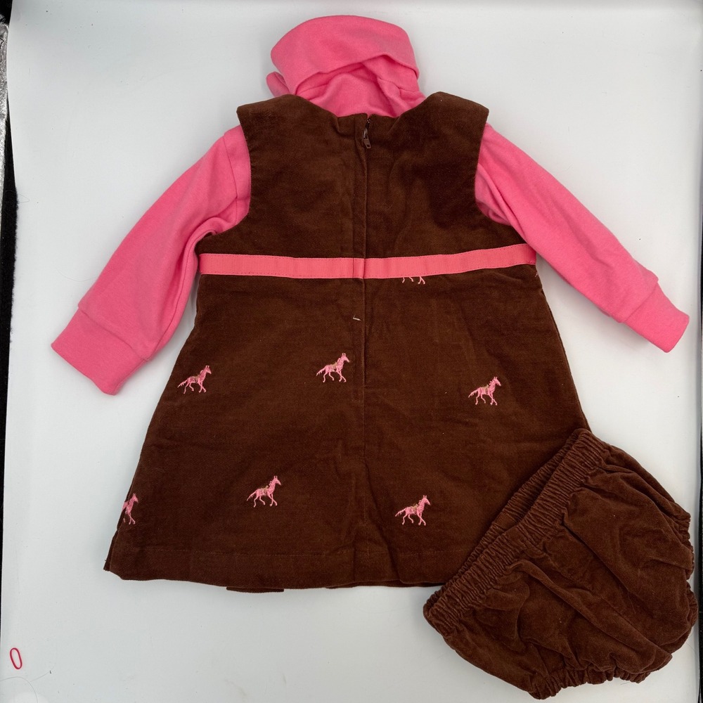 Hartstrings 12M Embroidered Horse Dress 3 Pc Set Pink Brown Baby Girl Outfit - Picture 8 of 16